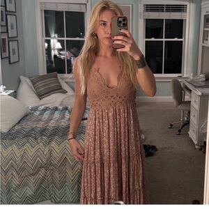 Free People Crochet Bodice Tiered Maxi Dress in Dusty Rose